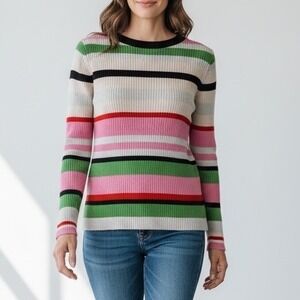 Multicolor Striped Ribbed Knit Sweater Crew Neck Back Button Women's L Work Golf